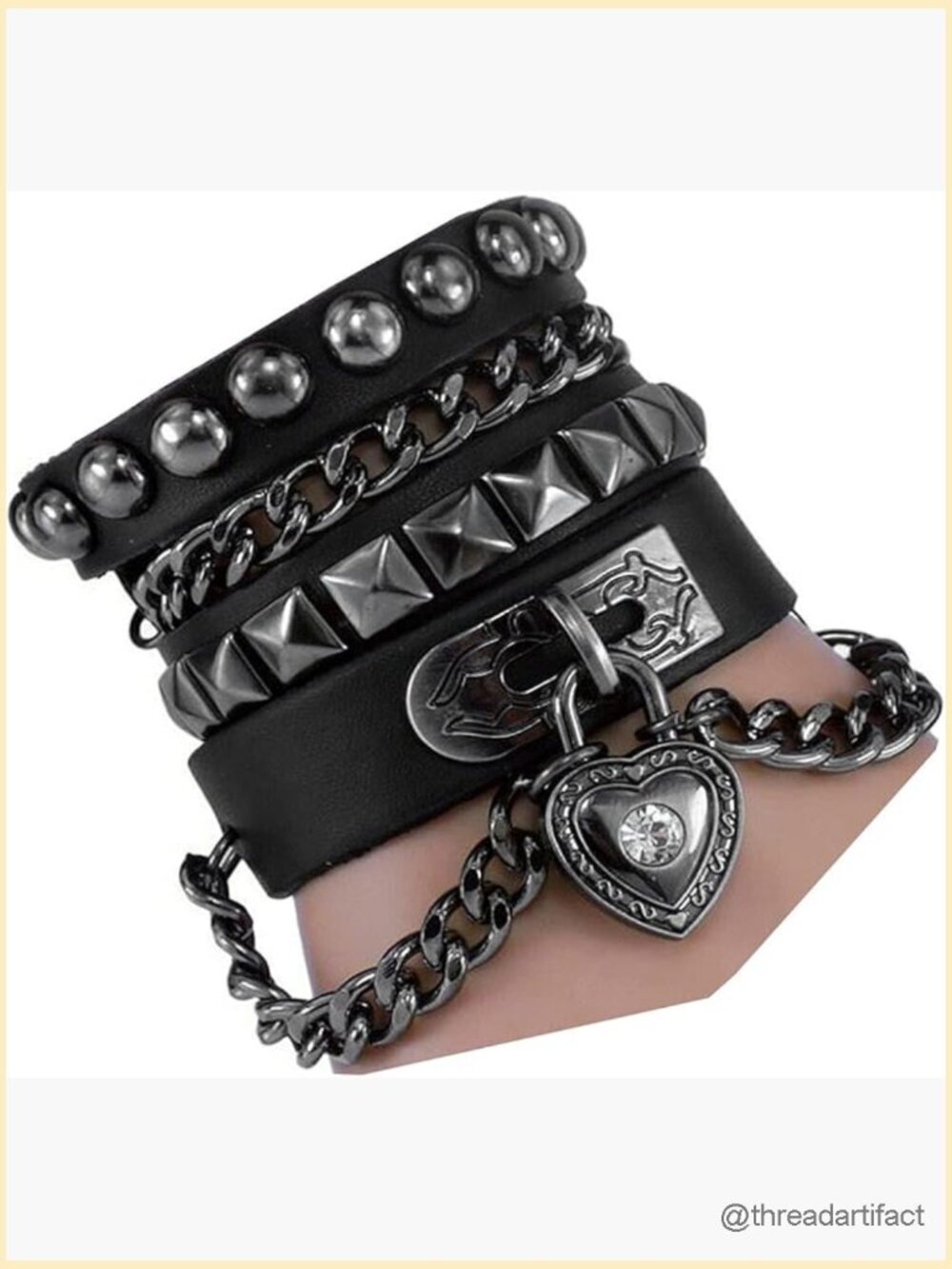 2-in-1 Multilayer Leather Cuff Bracelet Punk Rock Chain Bangle Studded Heart
